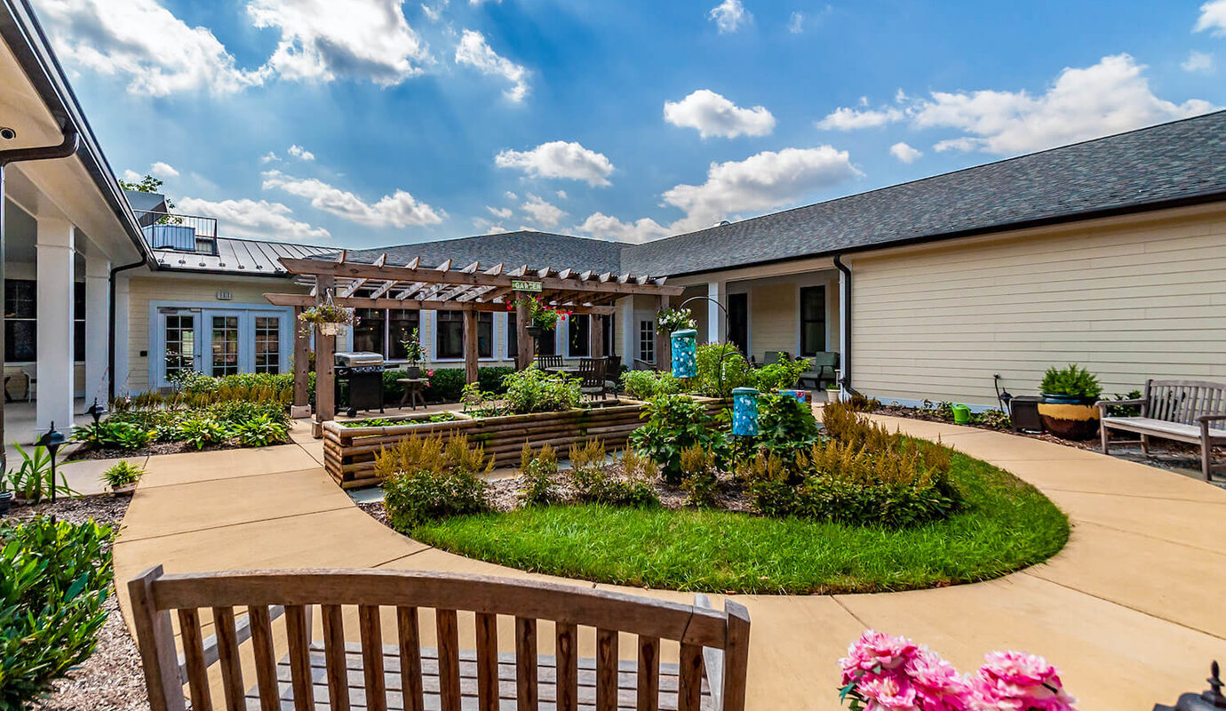 Pergola patio with garden and seating