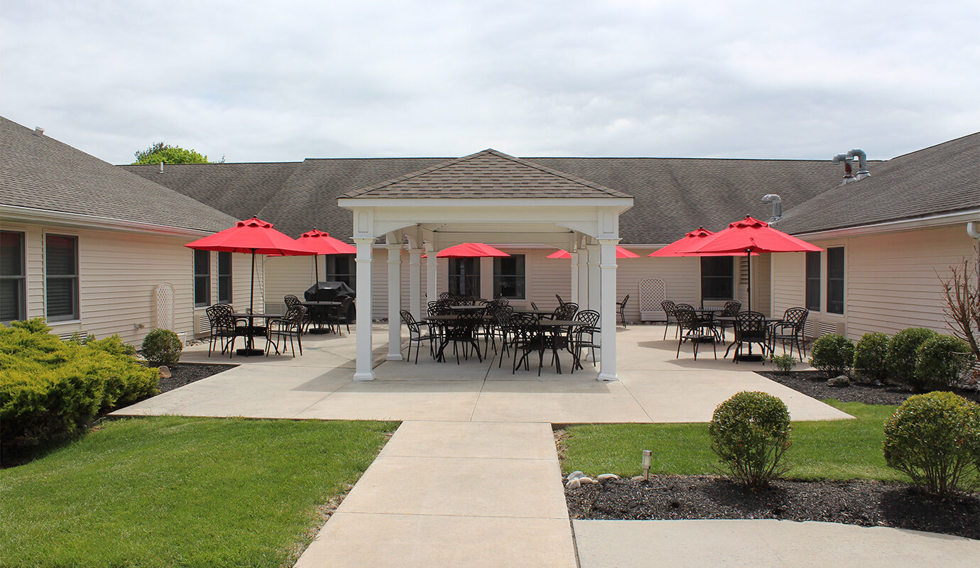 Outdoor covered patio with seating