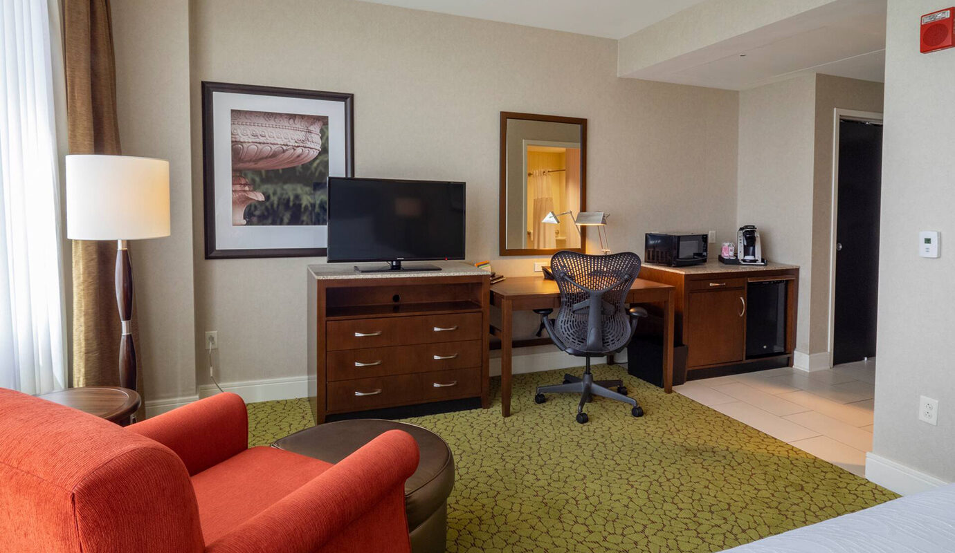 Guest room desk, dresser and tv