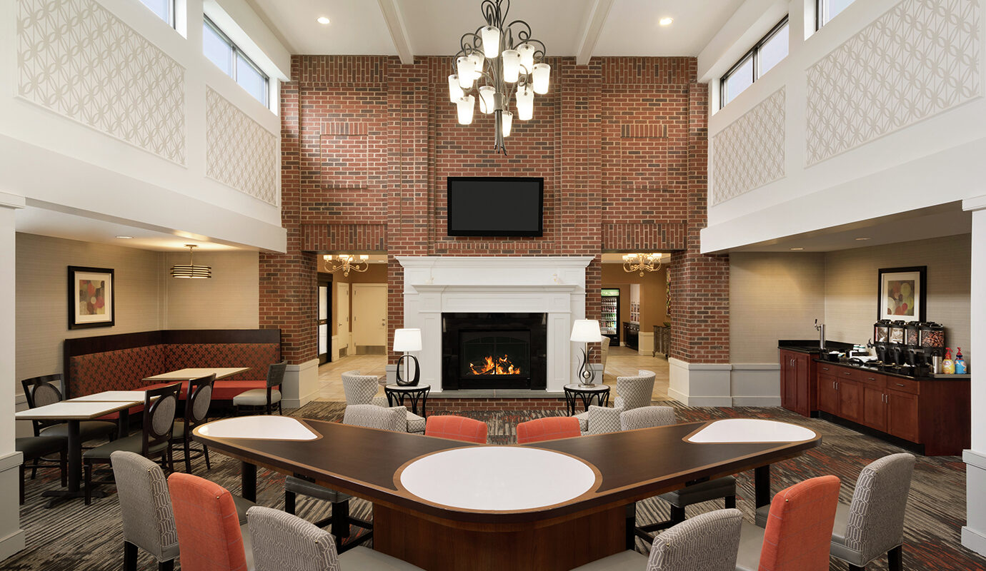 Common area seating with large fireplace