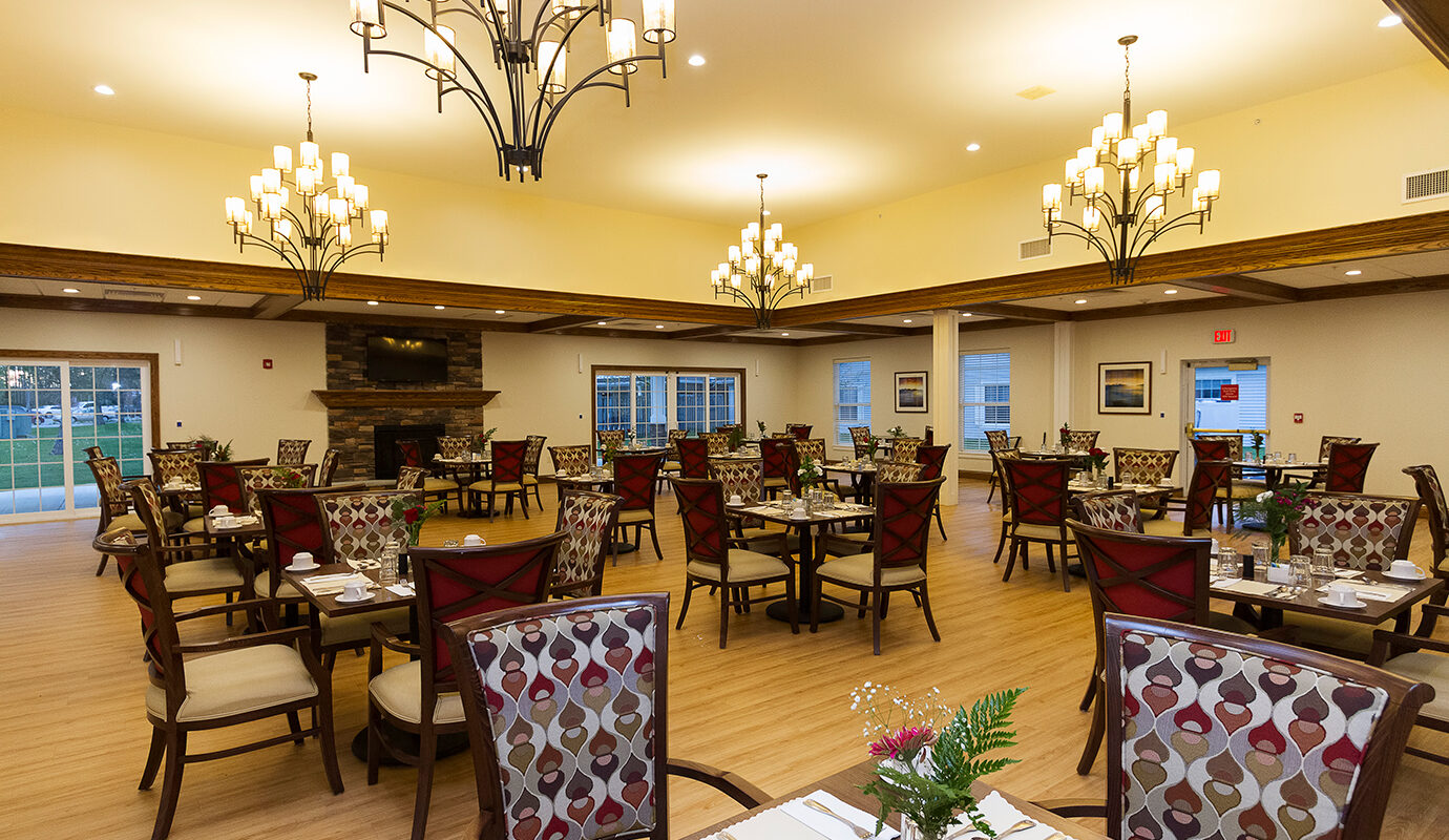Large dining room with fireplace