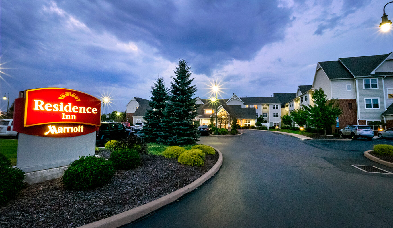 Outdoor view of the Residence Inn, Marriott sign with driveway and parking lot