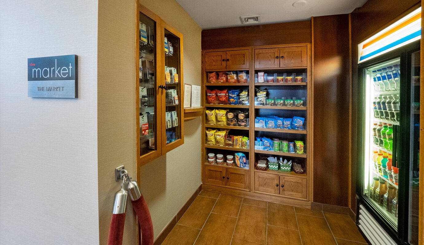Hotel market with snacks, refrigerated drinks, and personal care items at the Residence Inn in Hazleton, PA