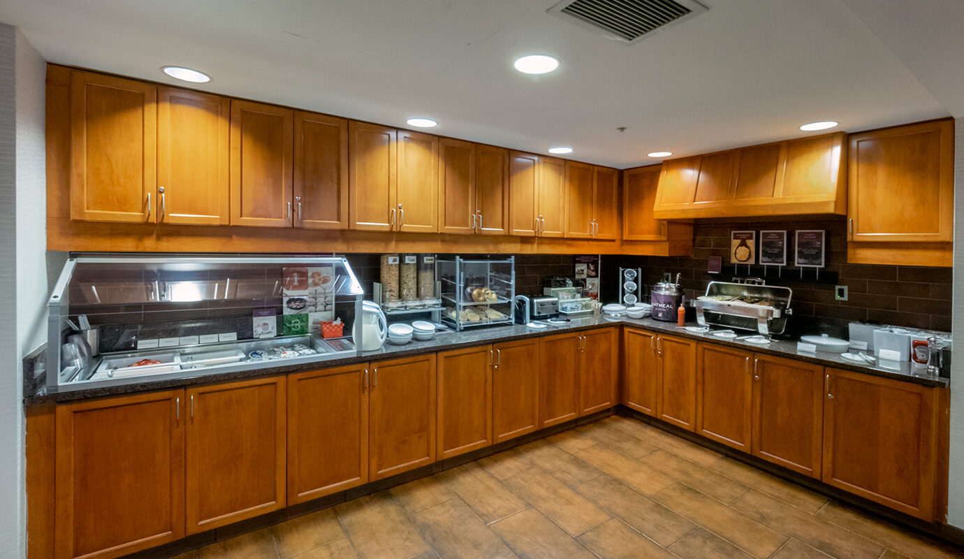 Free large breakfast buffet station at the Residence Inn in Hazleton, PA