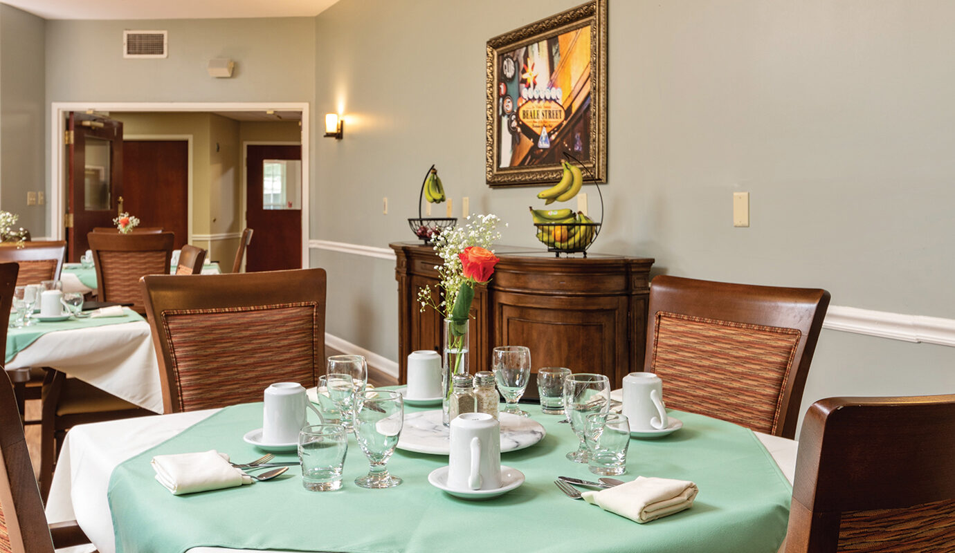 Dining area with linen dressed tables