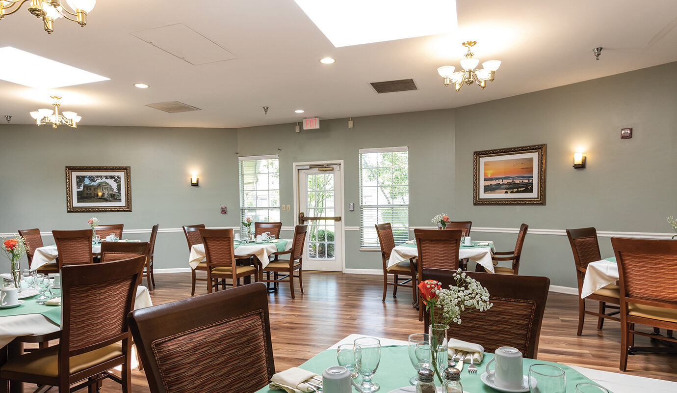 Dining area with linen dressed tables